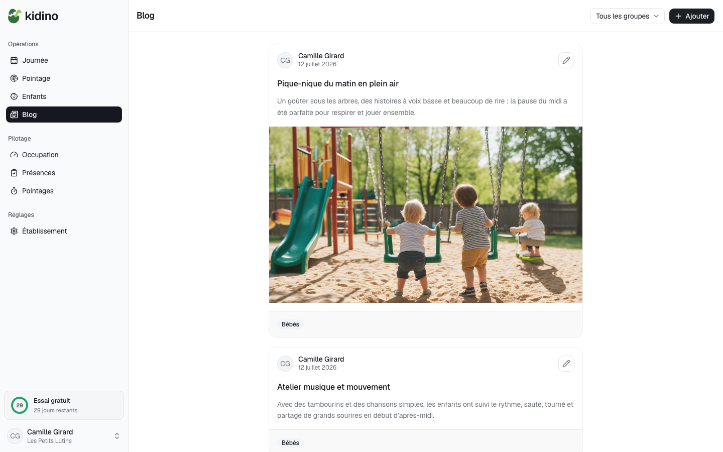 L'écran Blog côté équipe : les posts publiés, avec leur groupe.