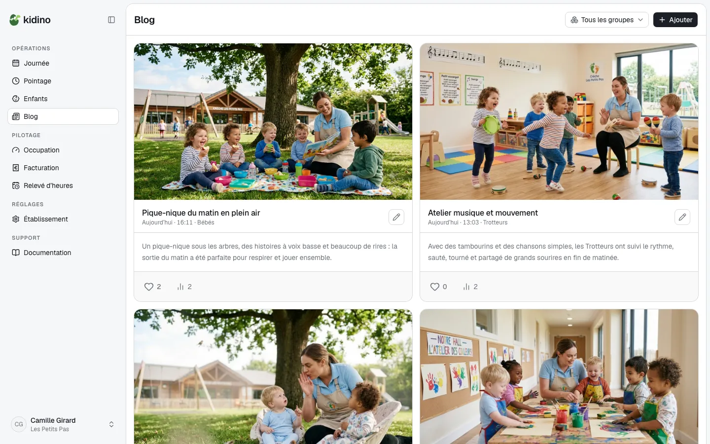 L'écran Blog côté équipe : les posts publiés, avec leur groupe.