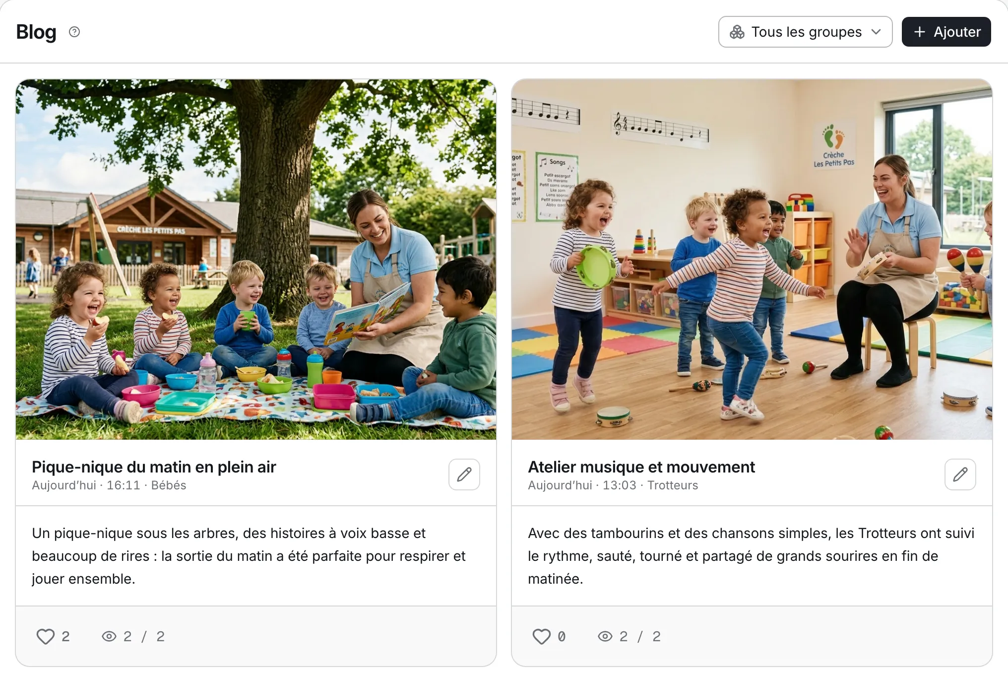 L’écran Blog côté équipe : les posts publiés, avec leur groupe.