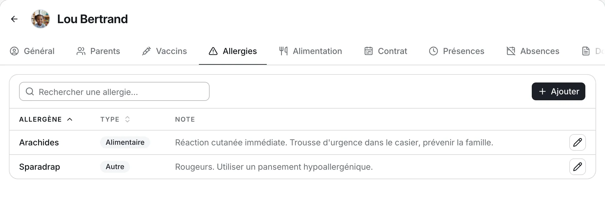 L’onglet Allergies d’une fiche enfant : un allergène par ligne, son type et la conduite à tenir.