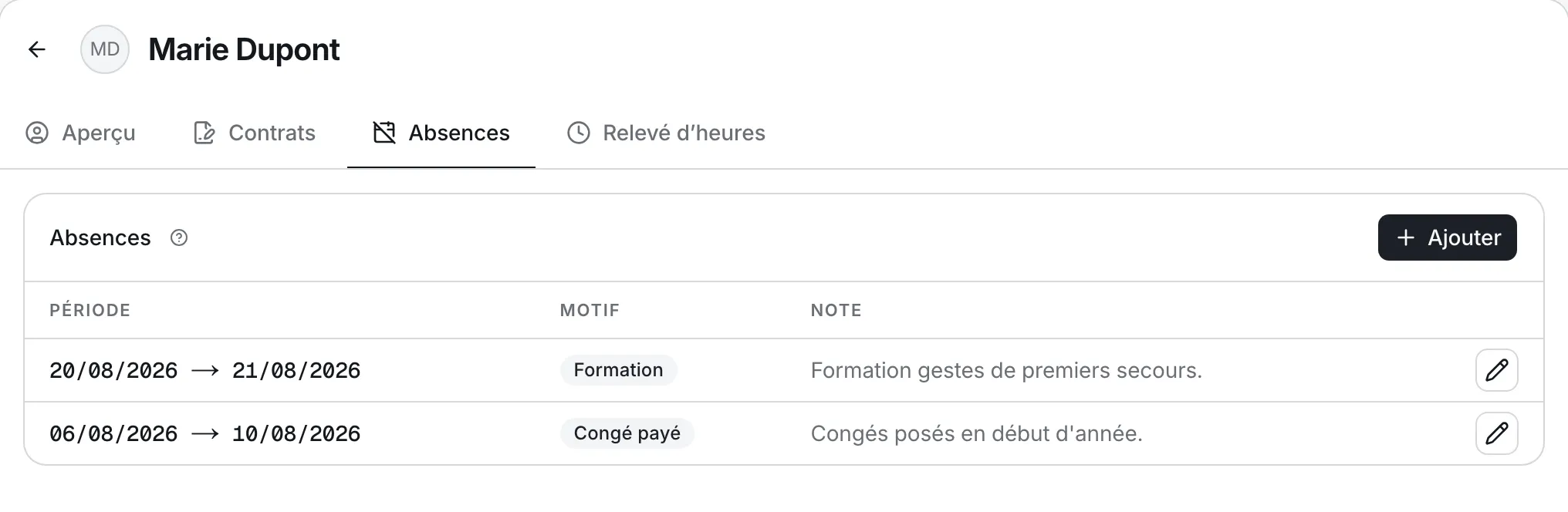 L’onglet Absences d’une fiche employé : la période et le motif de chaque congé ou absence prévue.