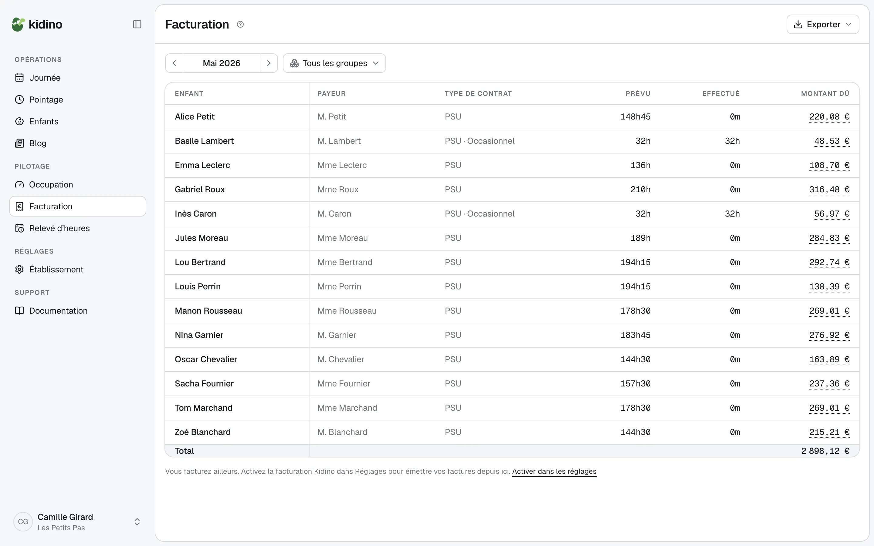 L'écran Facturation en mode export CSV : tableau des montants seul, sans brouillons ni émission.