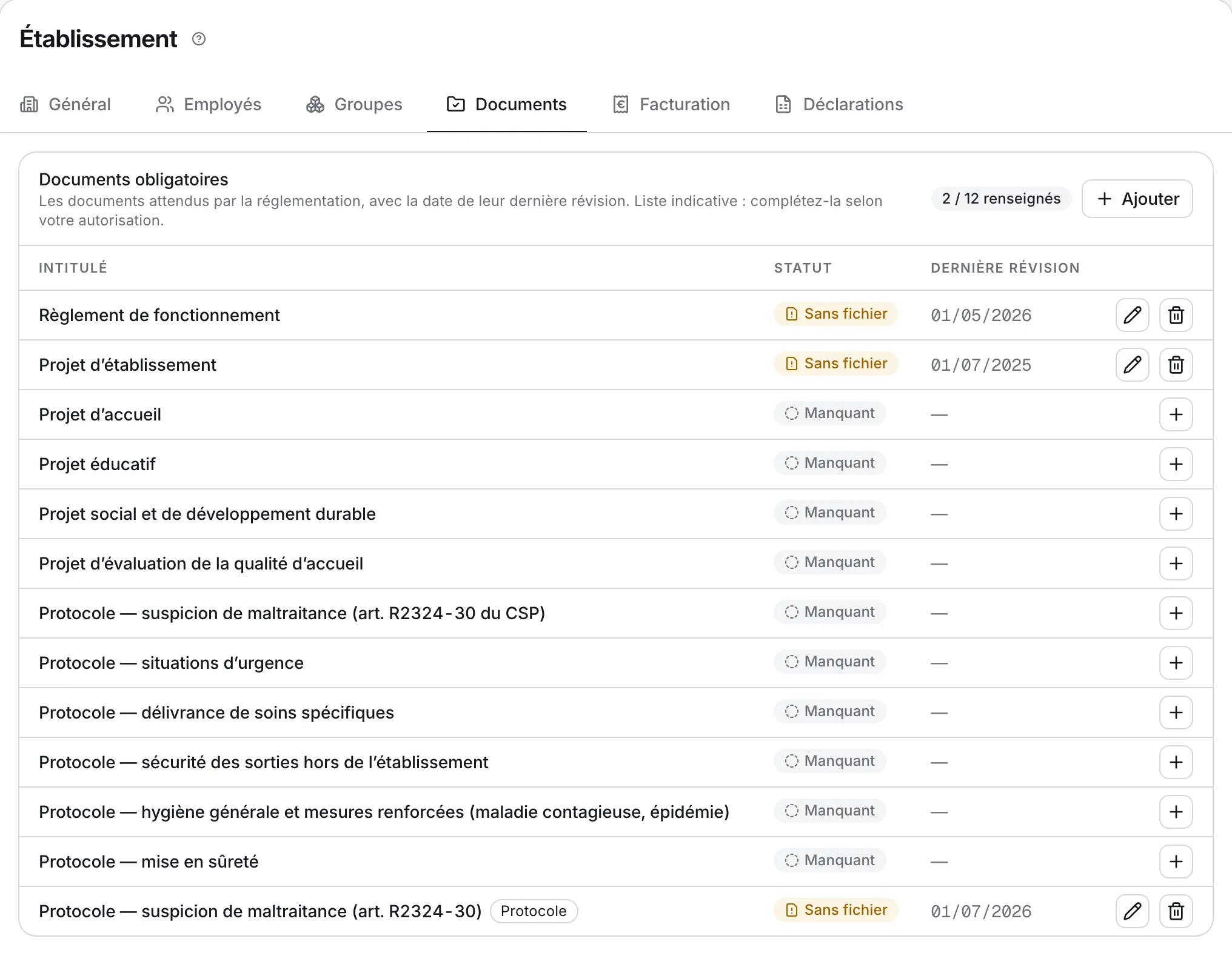 L’onglet Documents de l’établissement : les documents attendus, leur statut et leur dernière révision.
